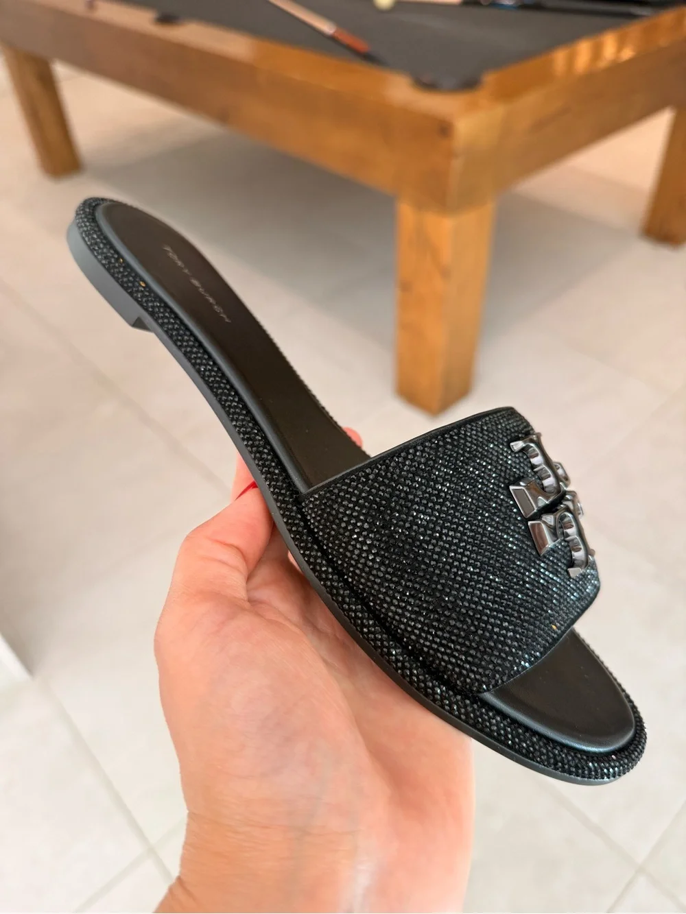 Tory Burch Everly Crystal Slide Sandals‎ Black Women’s RUNS SMALL Size 9